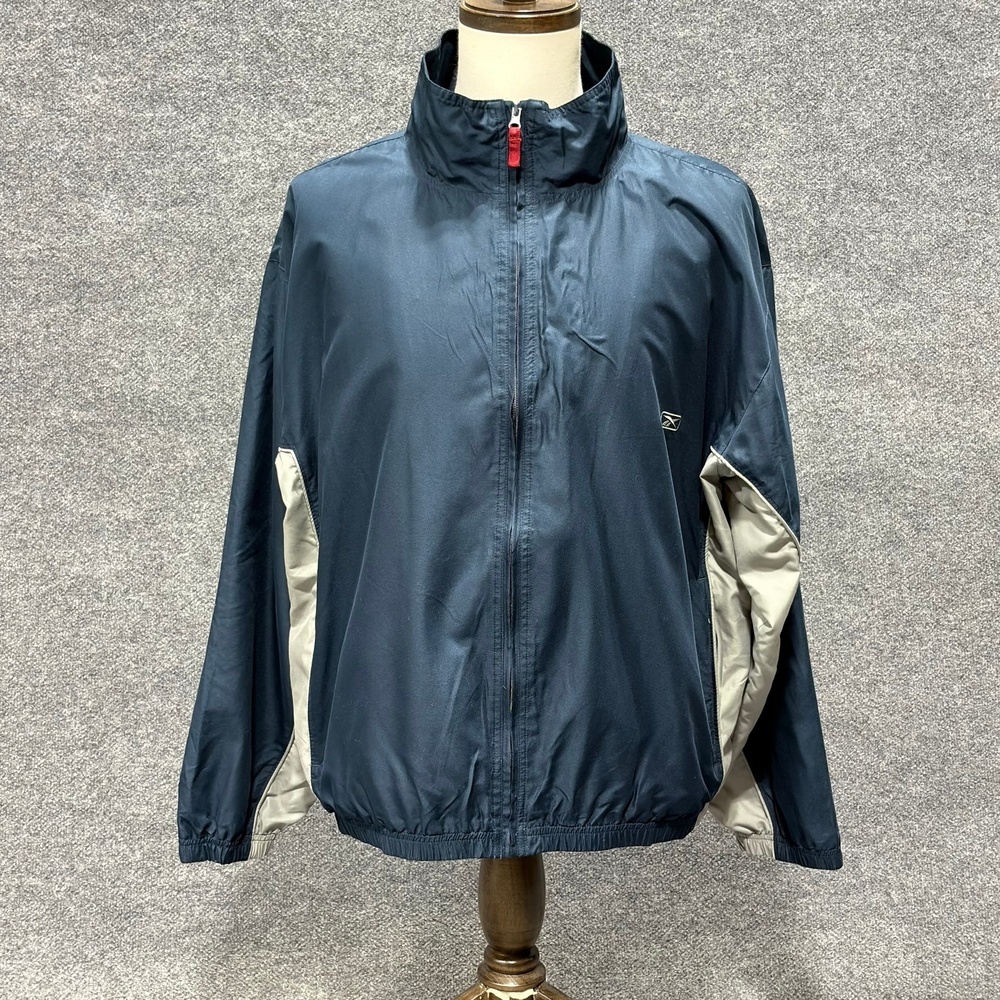 Reebok Jacket Mens XL Blue Gray Full Zip Windbreaker Colorblock Lightweight